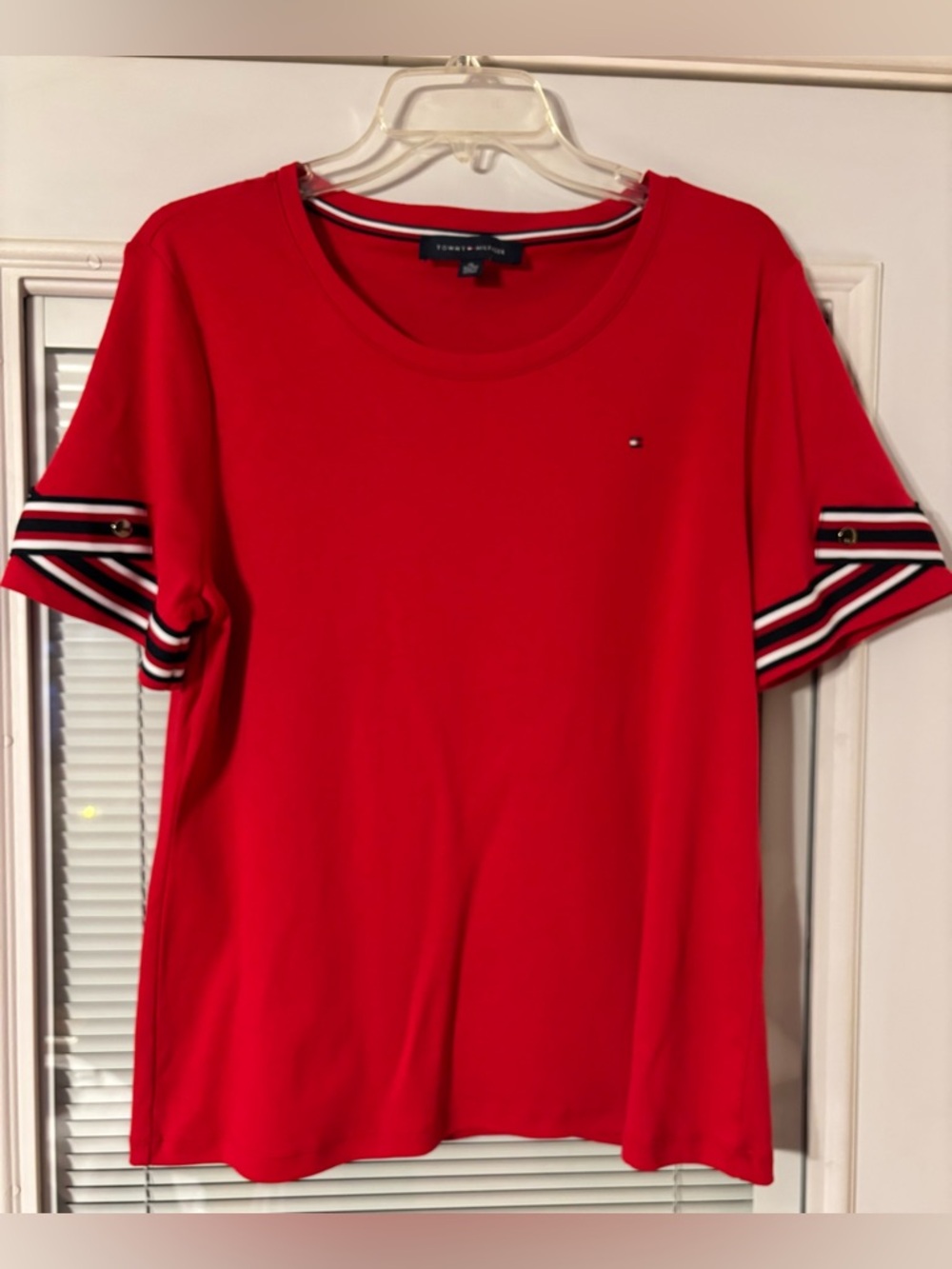 Tommy Hilfiger Red Short-Sleeve Tee with Striped Sleeve Trim